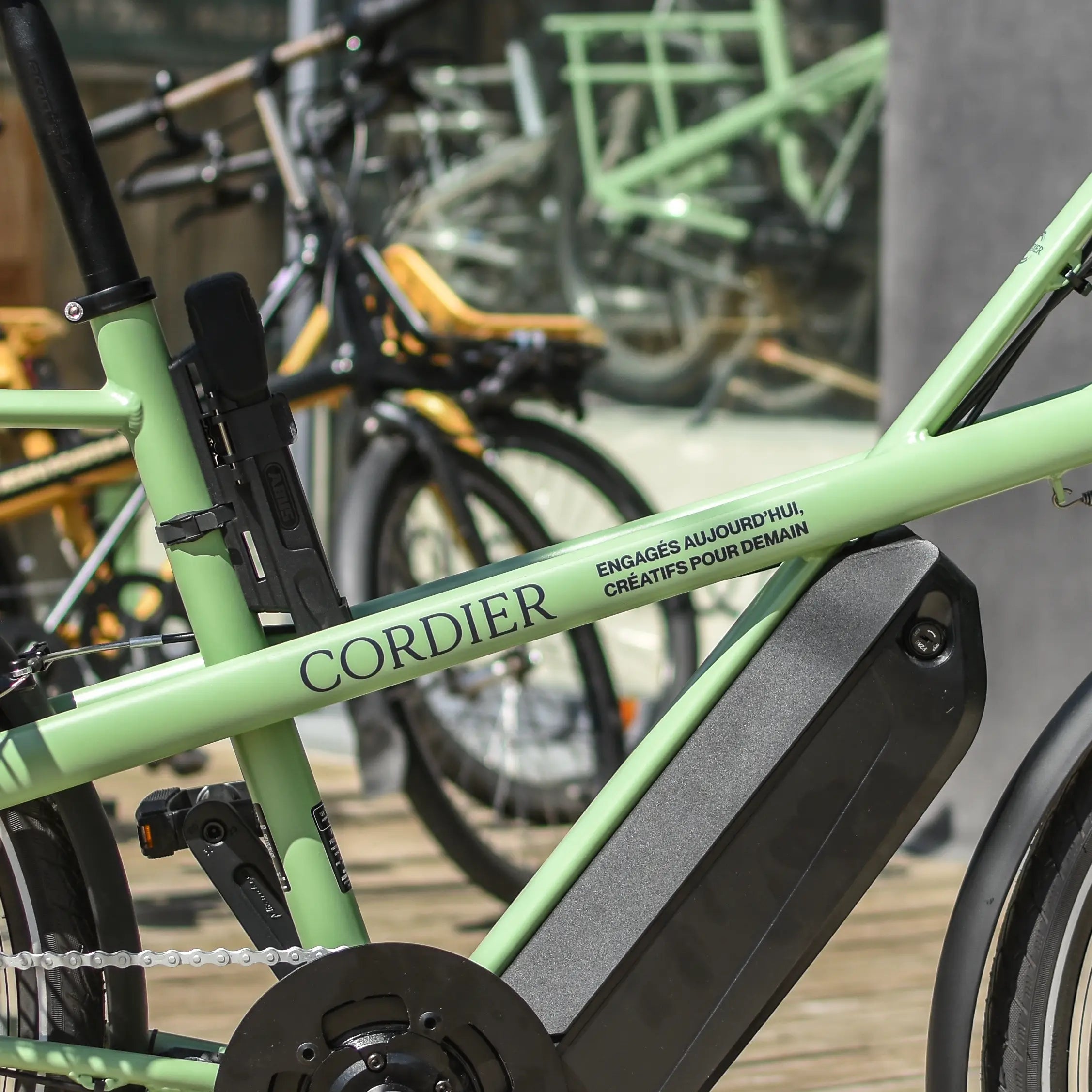 zoom sur le cadre vert d'un vélo